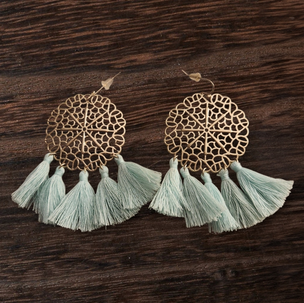 Boho Filigree Gold Toned Discs Blue Green Seafoam Mint Colored Tassel Earrings